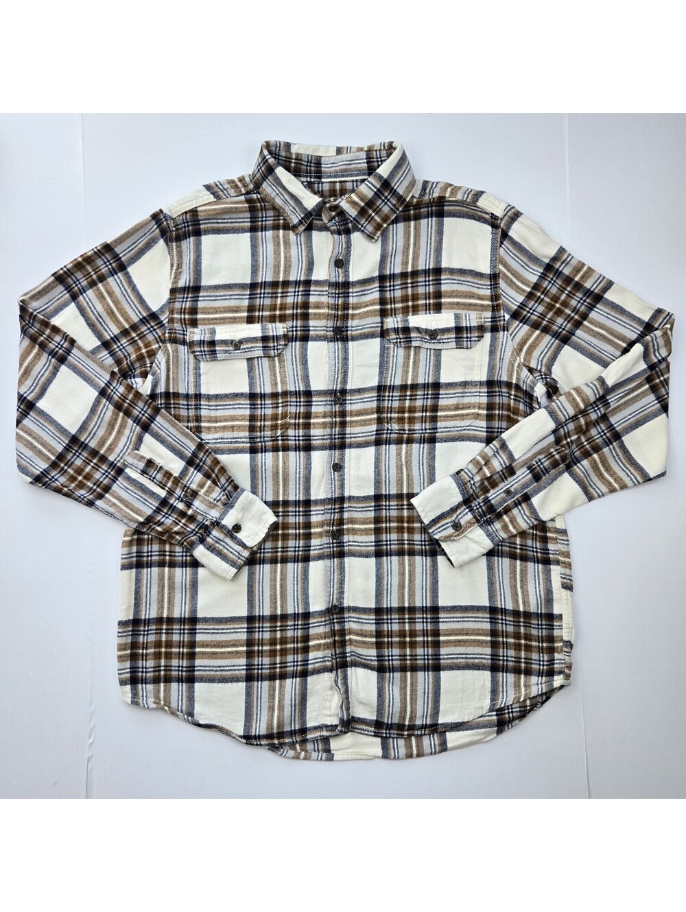 George Flannel Long Sleeve Shirt Men M 38-40 White Brown Plaid Cotton Blend